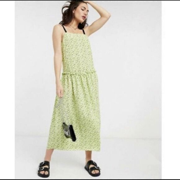 TOPSHOP Floral Print Drop Waist Midi Dress in Neon Green NEW tie straps - Picture 5 of 8